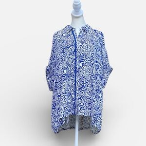 NWT Umgee Button Front Oversized Blouse in Blue & White Size Small